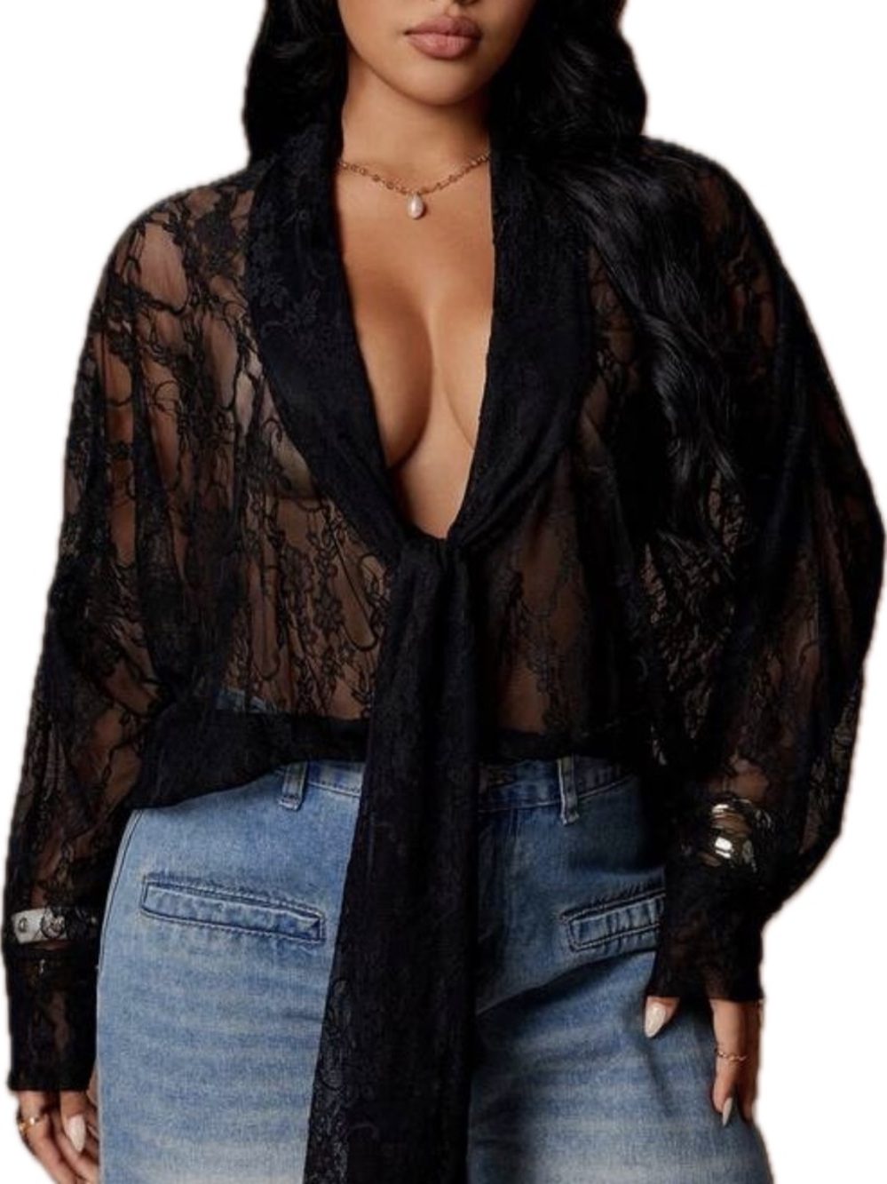 PLUS Lace Tie-Front Blouse - Picture 5 of 5